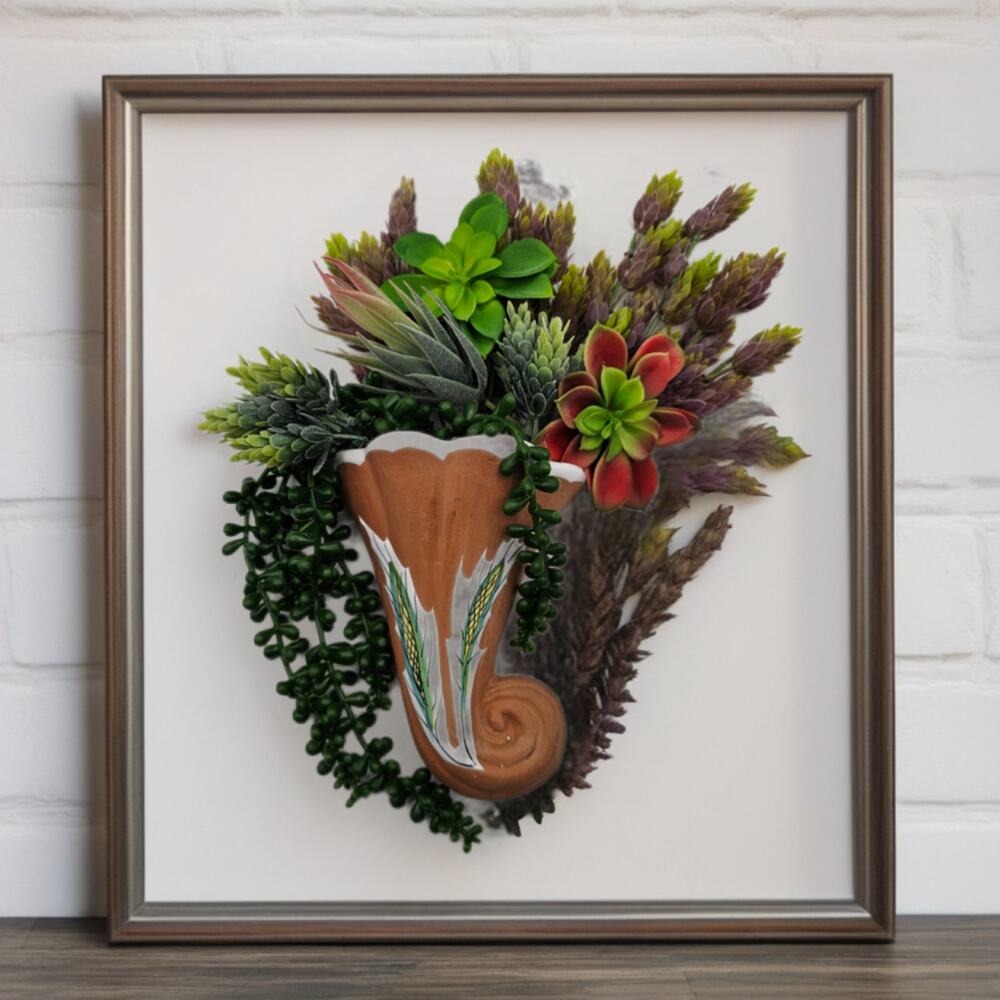 Vintage Rustic Wall Pocket Vase Cornucopia Horn Ceramic Wheat Motif 6x5